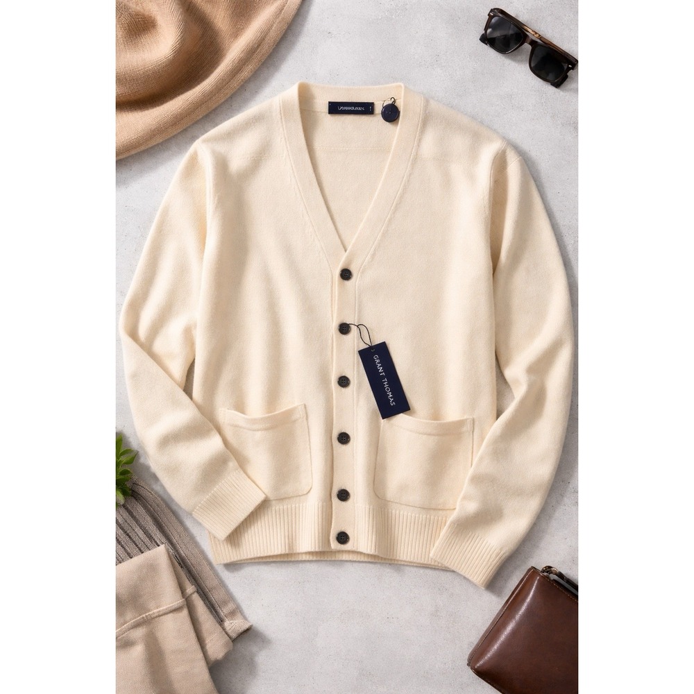 NWT Grant Thomas 100% Lambswool Cardigan Sweater Sz XXL Cream Made in Hong Kong
